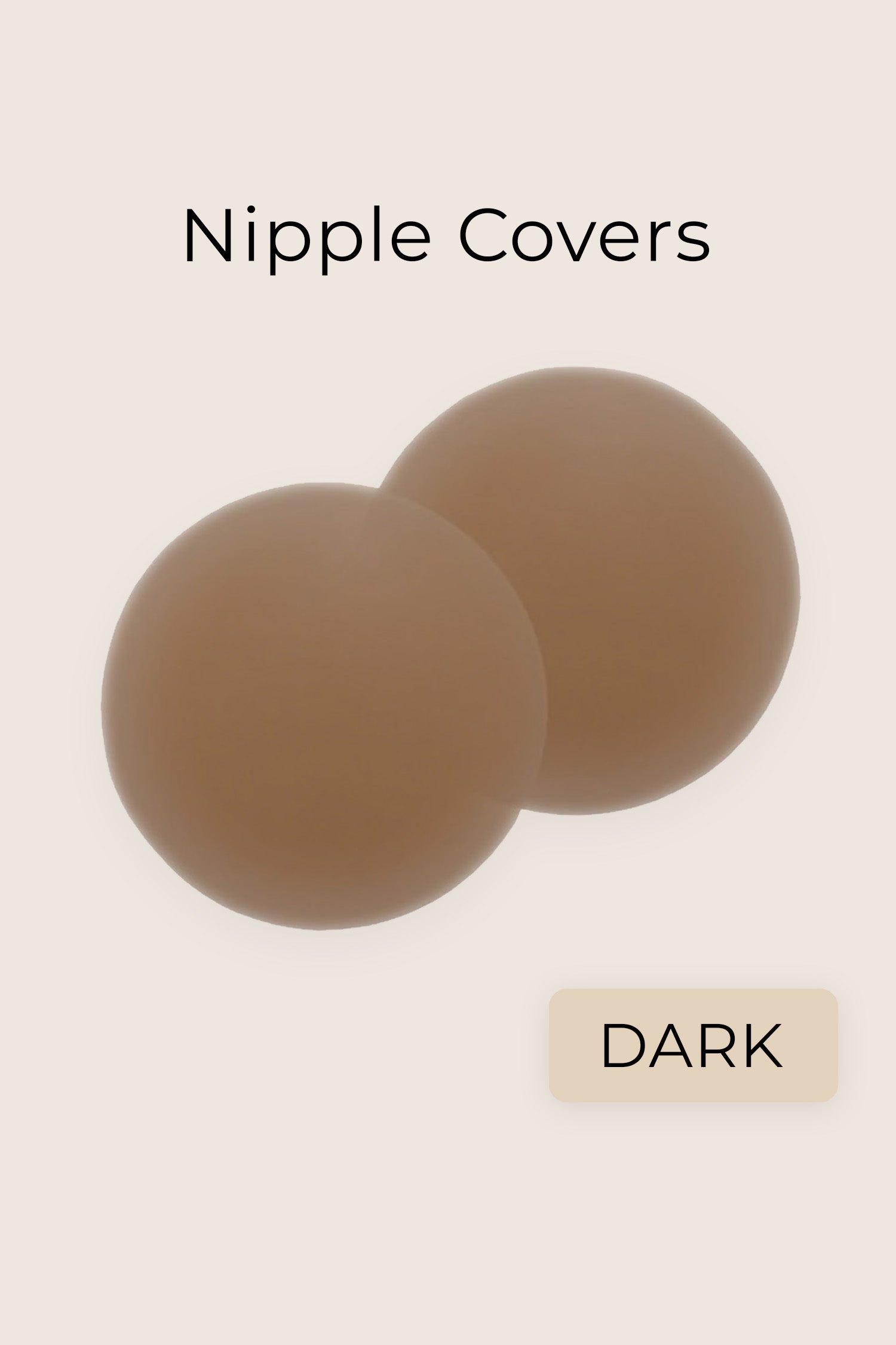 Dark brown silicone nipple covers by Aurelia Raw shown on a light background, labeled as “Dark”