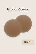 Dark brown silicone nipple covers by Aurelia Raw shown on a light background, labeled as “Dark”