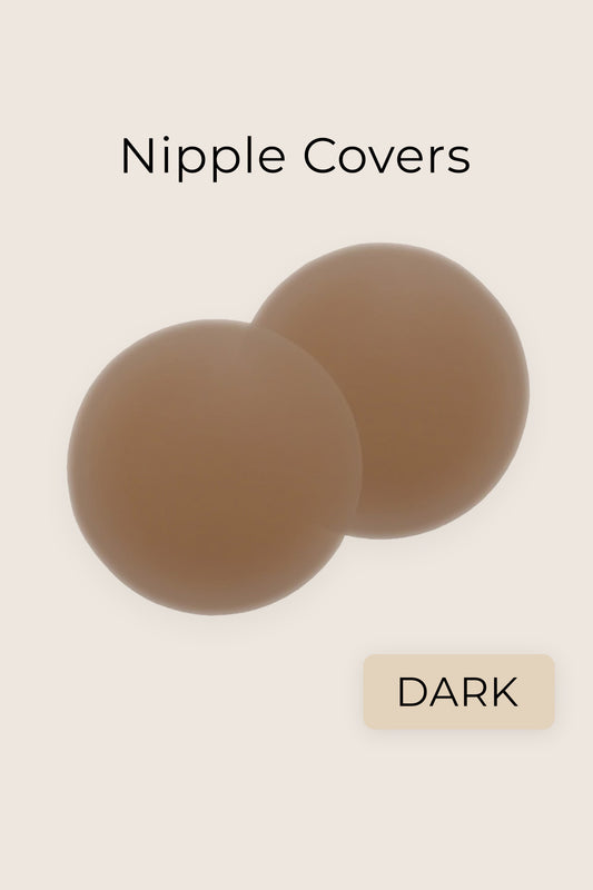 Dark brown silicone nipple covers by Aurelia Raw shown on a light background, labeled as “Dark”