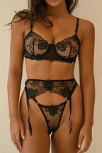 Full front view of Aurelia Raw Venice intimates set with floral lace bra, high-waisted garter belt, and matching thong